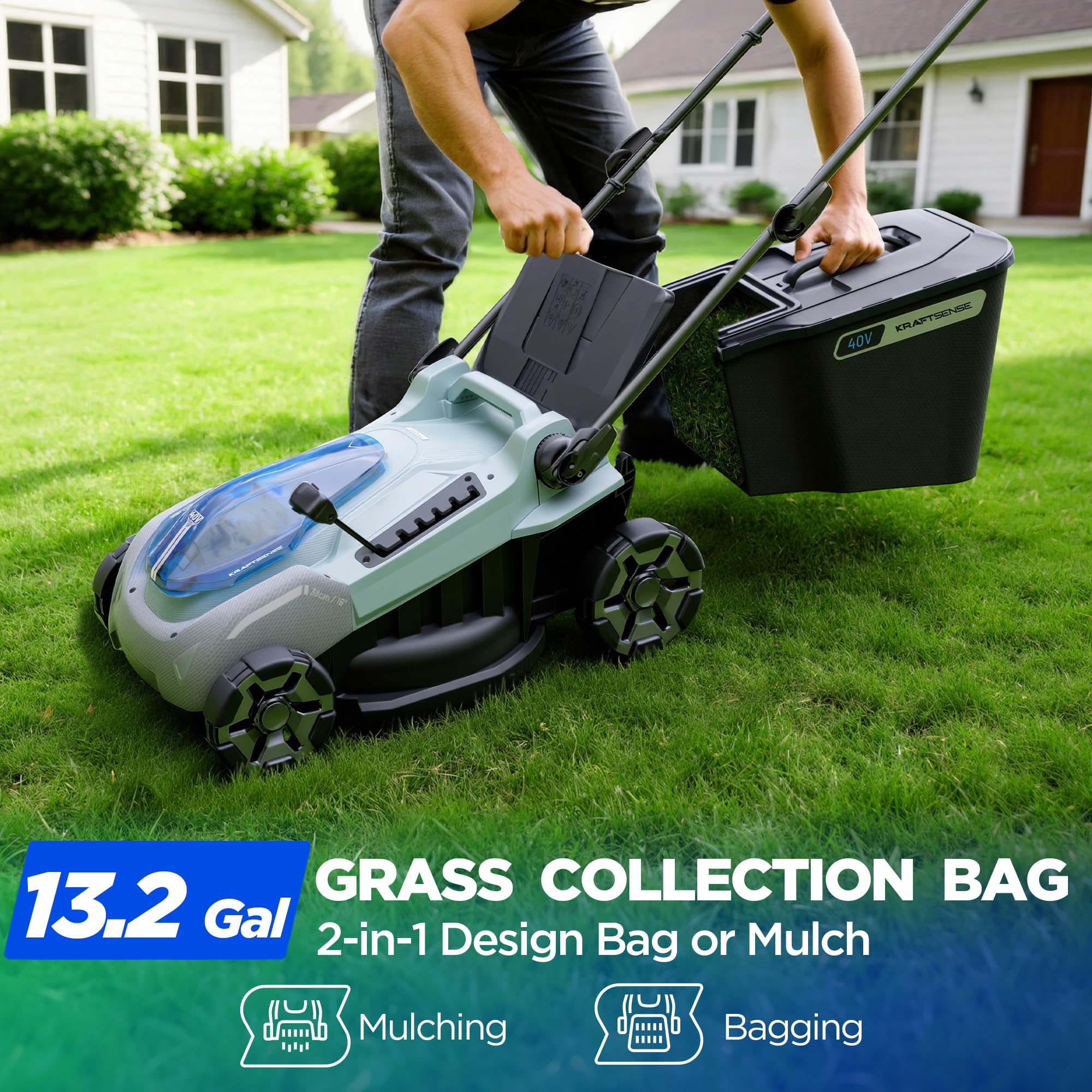KraftSense mowing a suburban lawn demonstrating quiet, cordless convenience