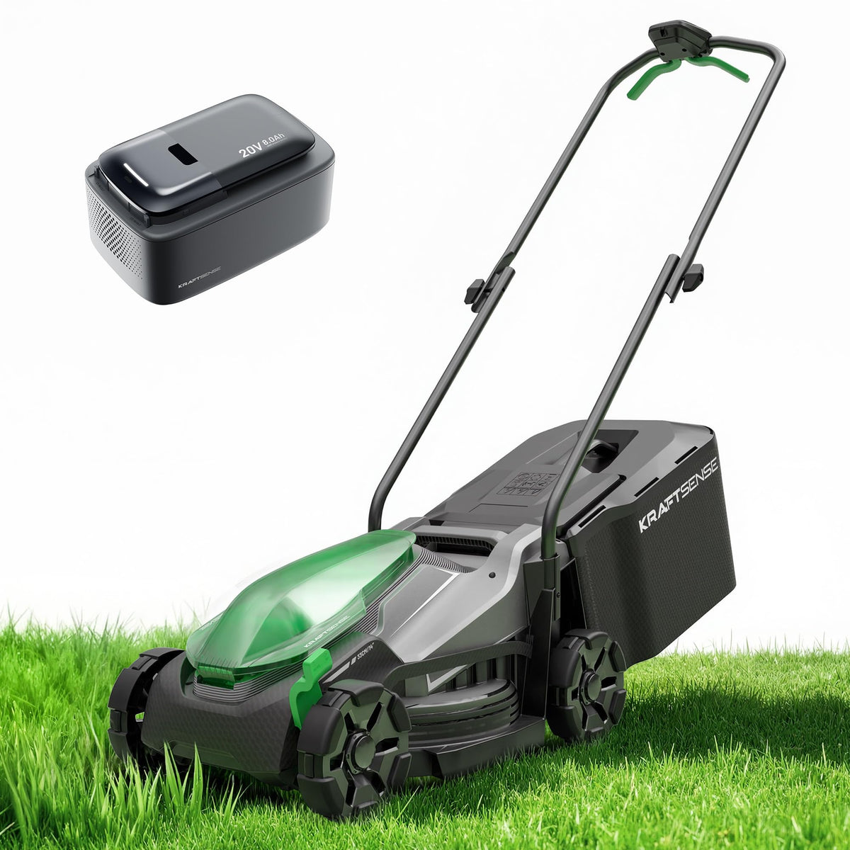 KraftSense mower front view showing compact deck and easy push benefit