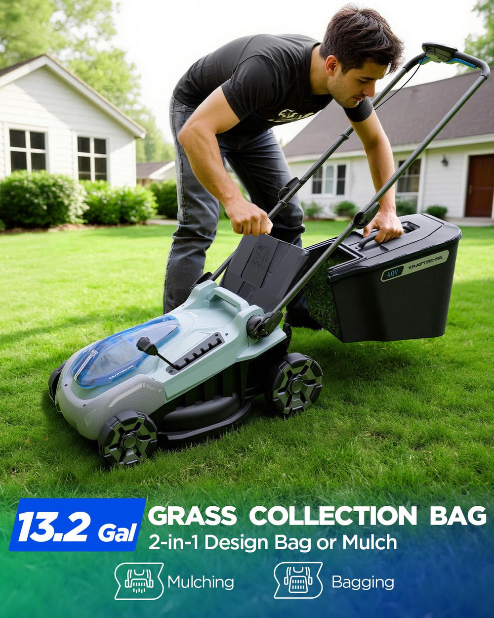 KraftSense mower in use on backyard lawn for quiet, gas-free operation