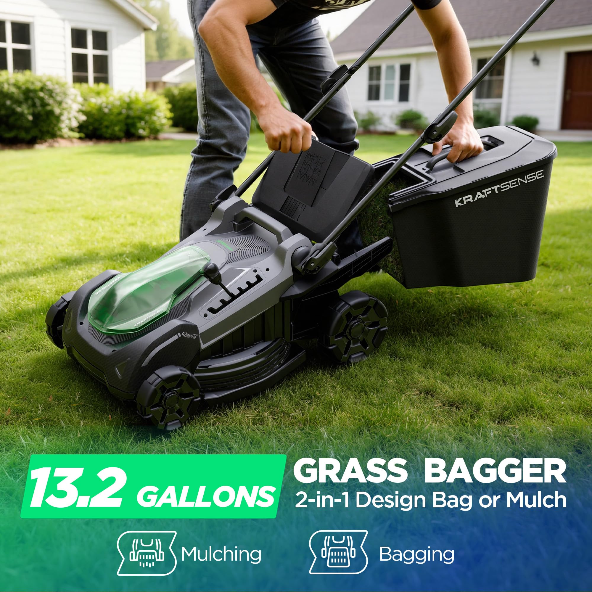 KraftSense mower in use on green lawn demonstrating cordless convenience