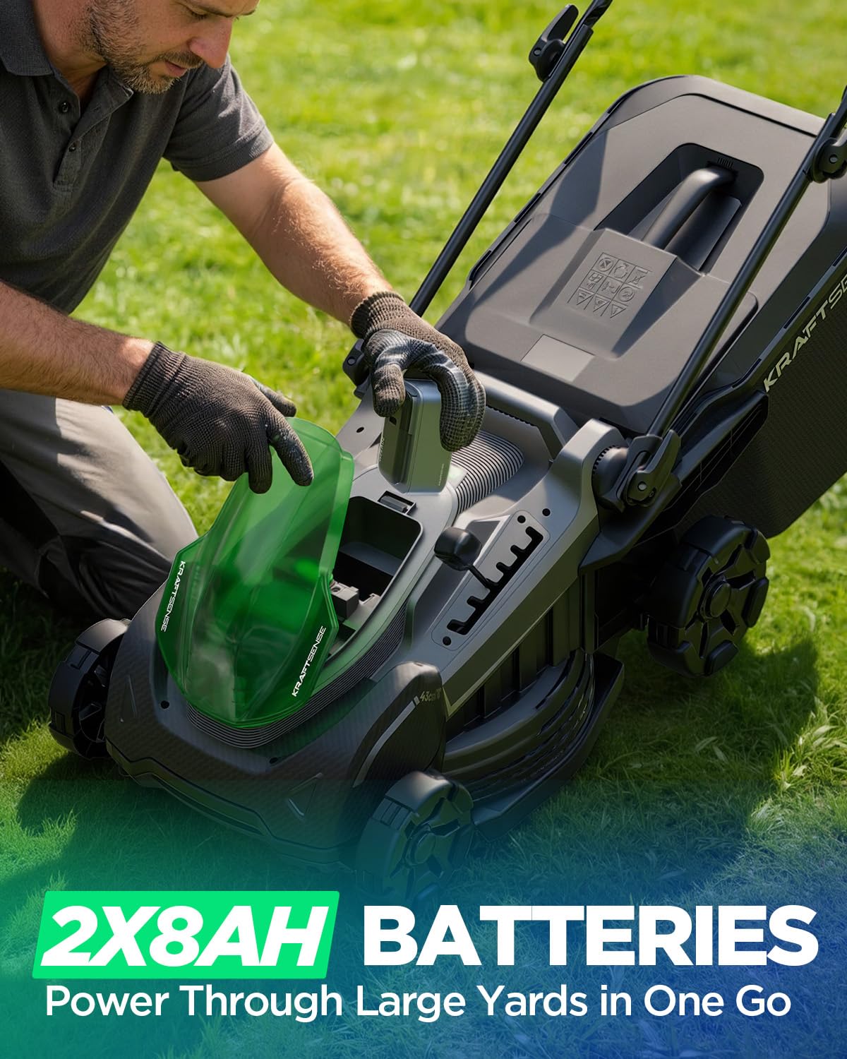 KraftSense mower in use on lawn demonstrating cordless freedom and clean cut
