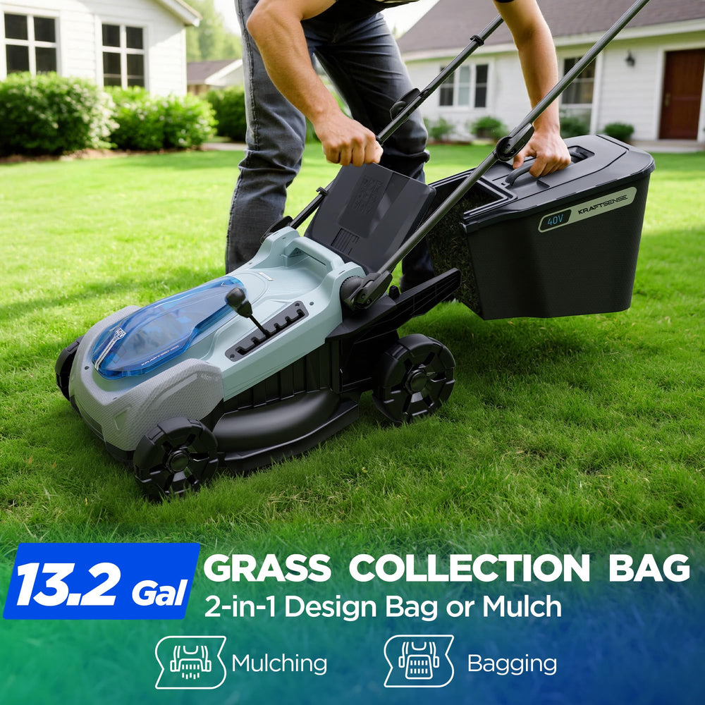 KraftSense mowing a suburban lawn demonstrating cordless convenience benefit