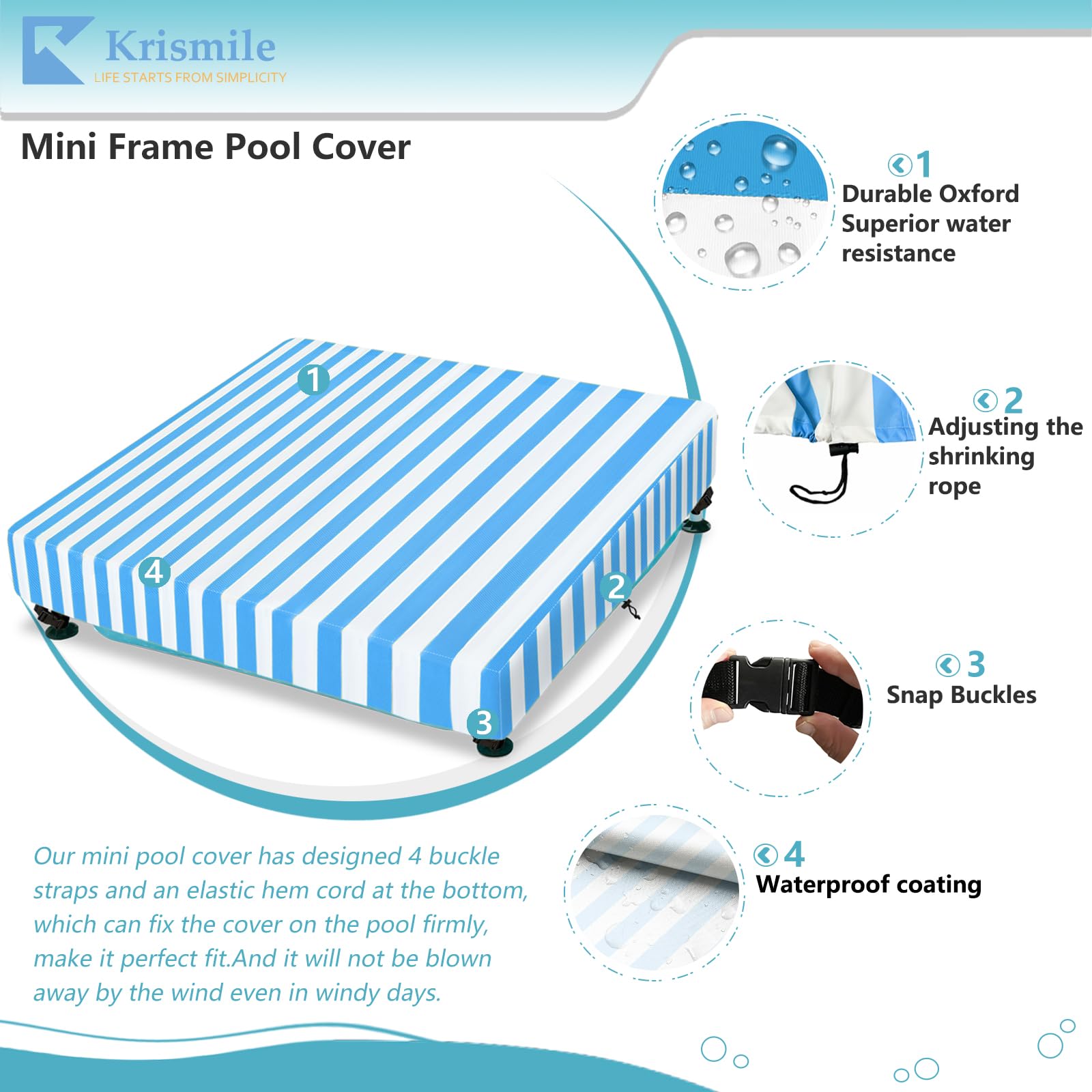 Krismile buckle and strap detail securing cover against wind