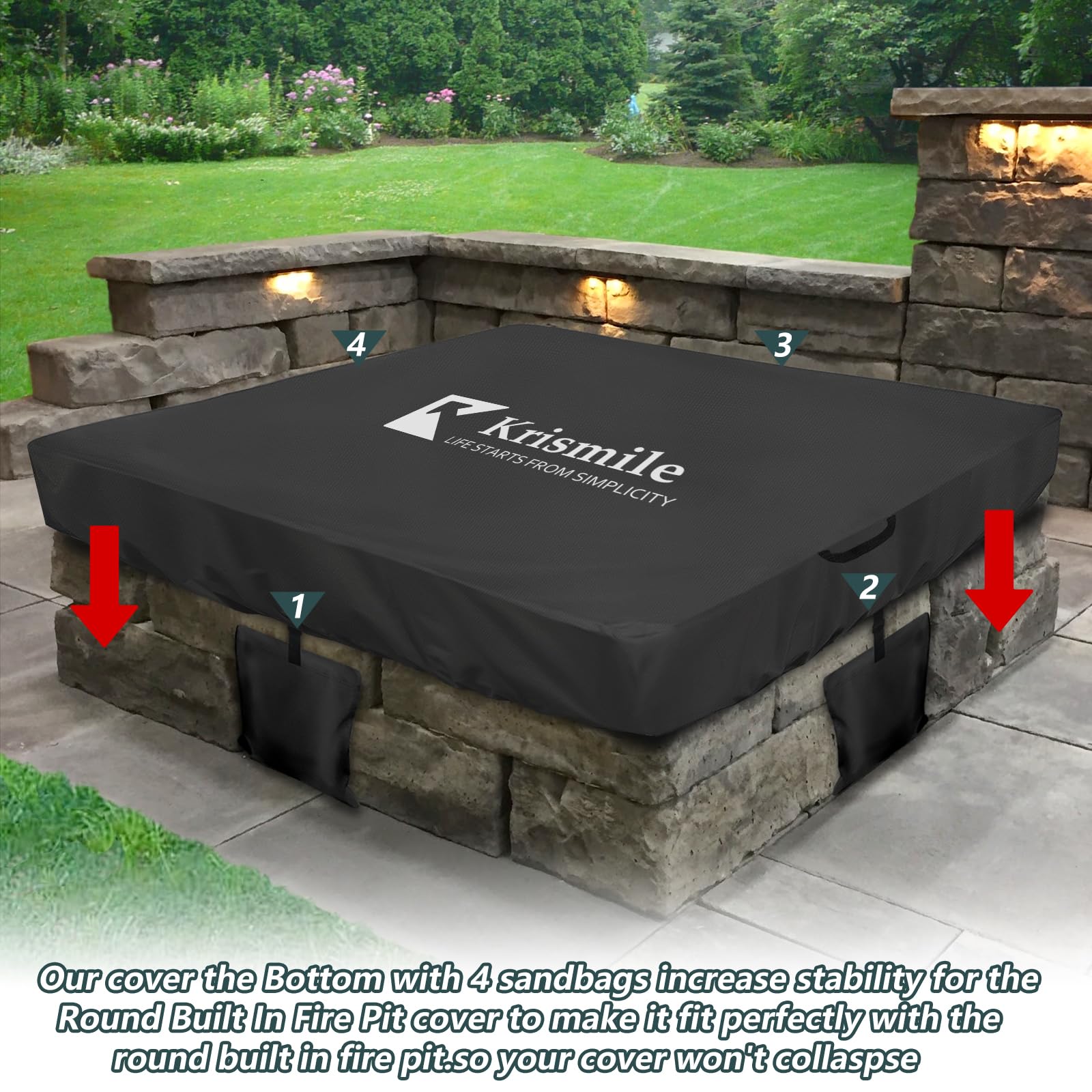 Krismile covered fire pit in backyard protecting stone from rain and debris