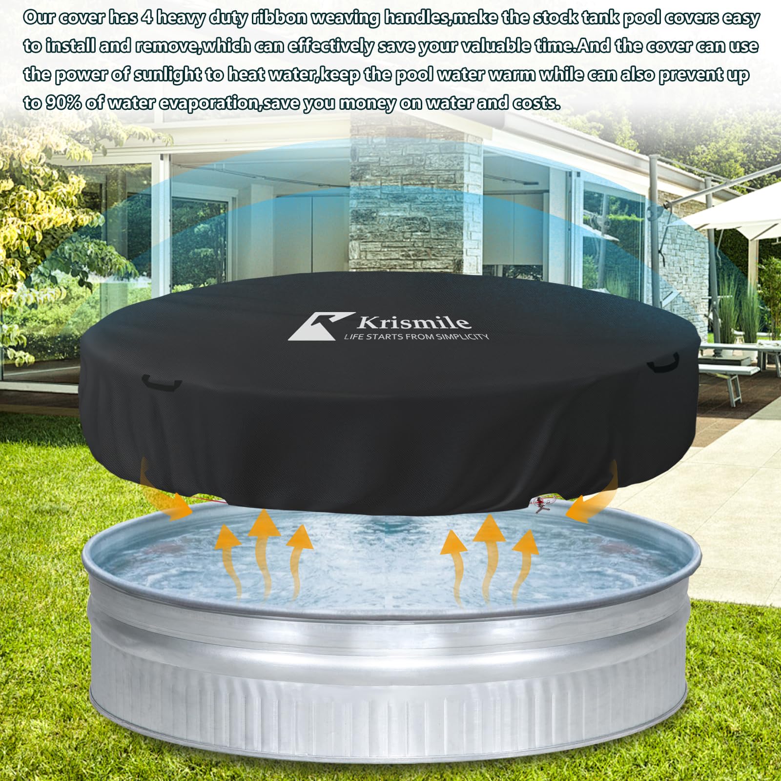 Krismile cover on pool in snow protecting metal tank from weather and debris