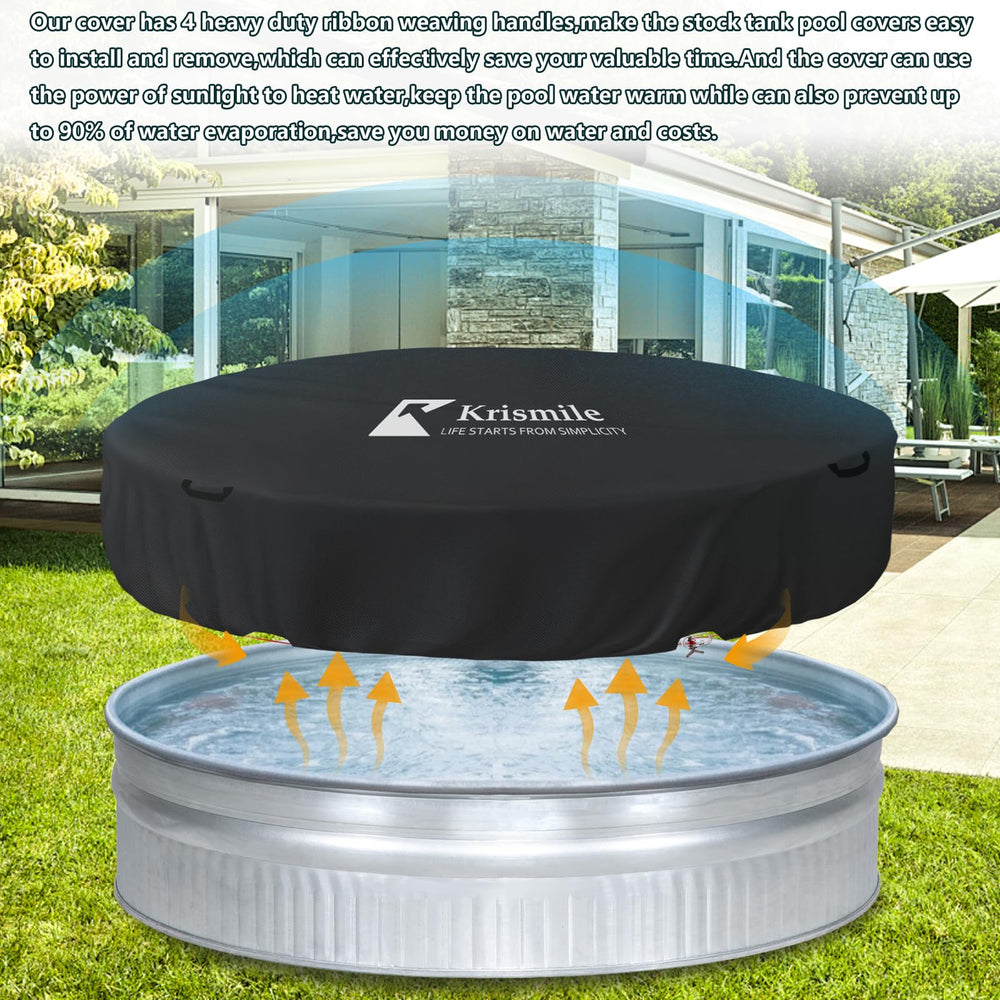 Krismile cover on pool in snow protecting metal tank from weather and debris