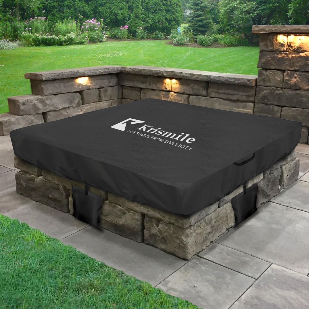 Krismile cover on fire pit showing snug fit and weather protection
