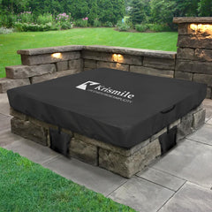 Krismile cover on fire pit showing snug fit and weather protection