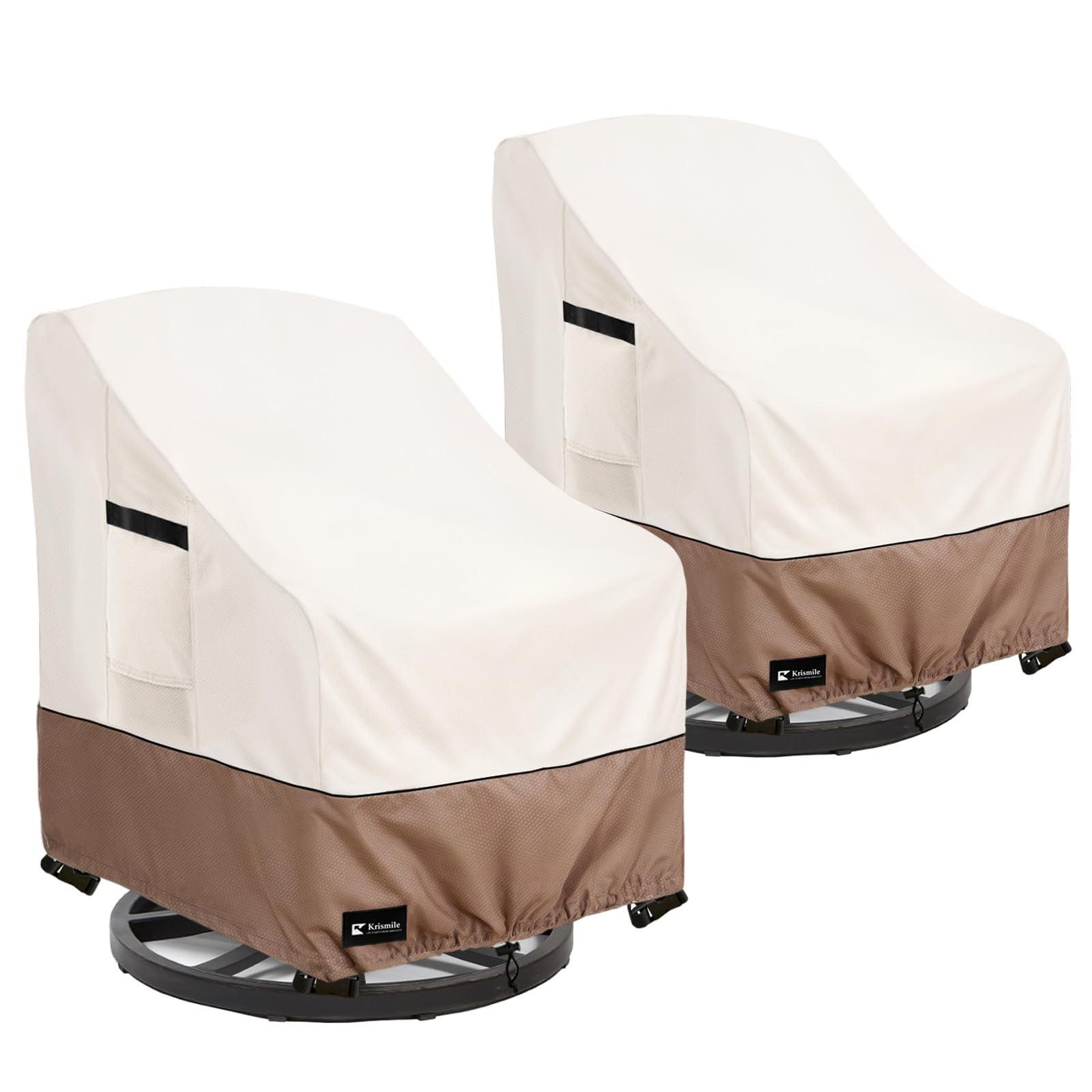 Krismile front view of two covered swivel rockers protecting chairs