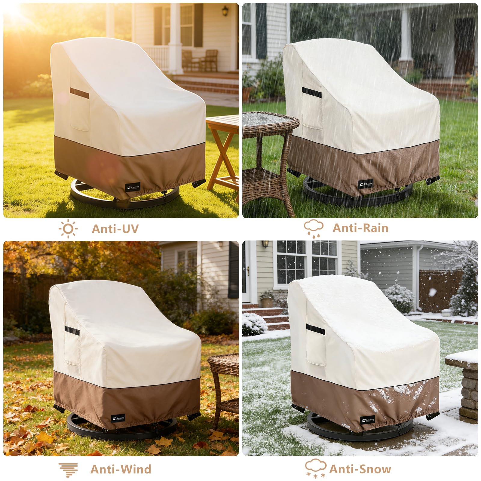 Krismile covered chair on a patio illustrating all-weather protection benefit