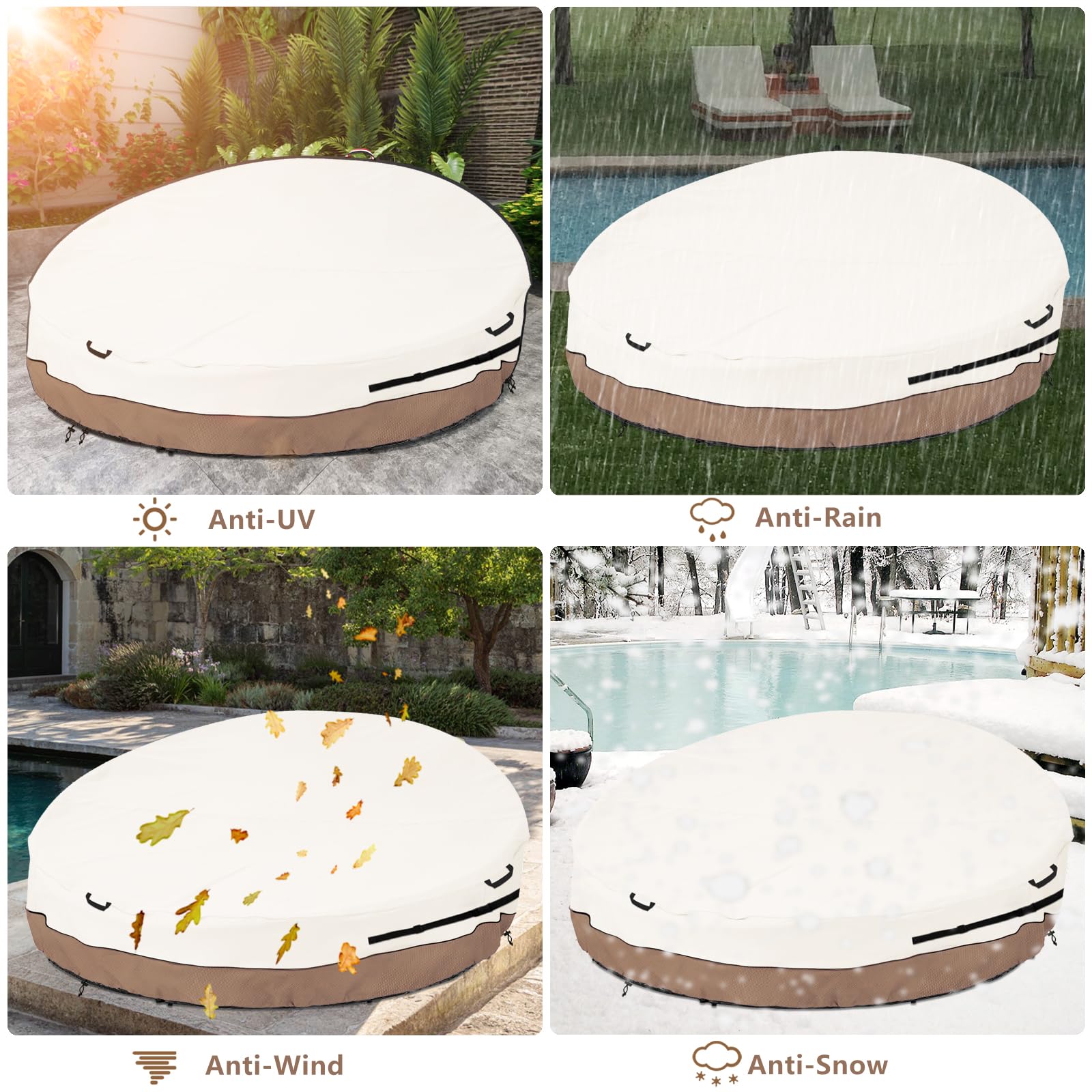 Krismile cover secured on a 75" round daybed demonstrating weather protection