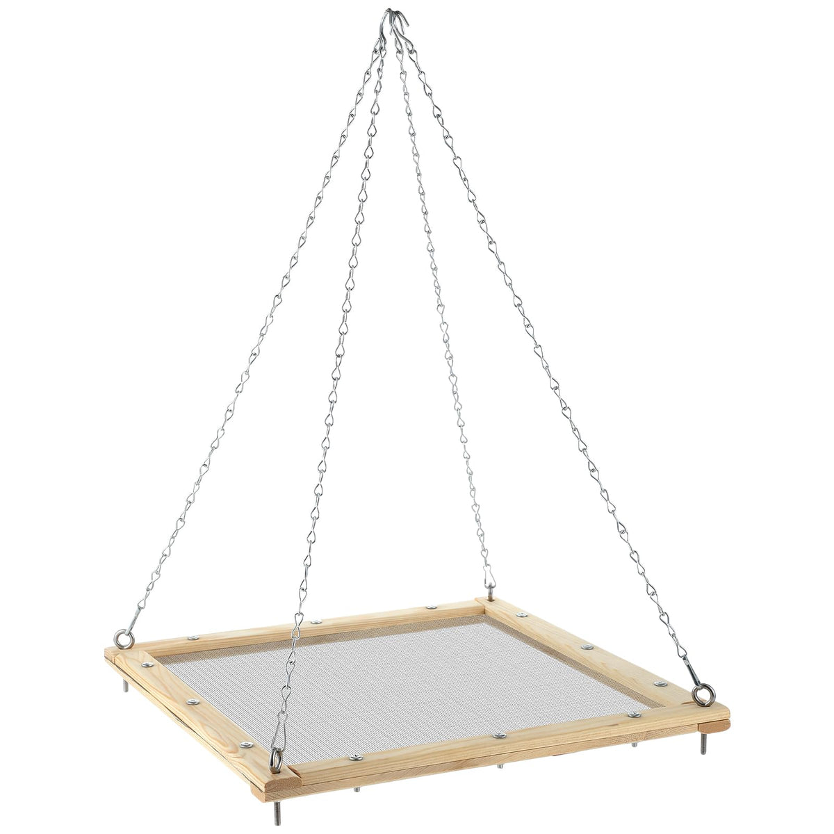 Kritkin front view hanging seed catcher showing full wooden tray and natural finish, neat feeding