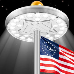 KROMART front view of solar flag light showing sleek silver housing and solar panels for durable outdoor lighting