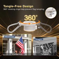 KROMART solar light mounted on pole illuminating flag at night