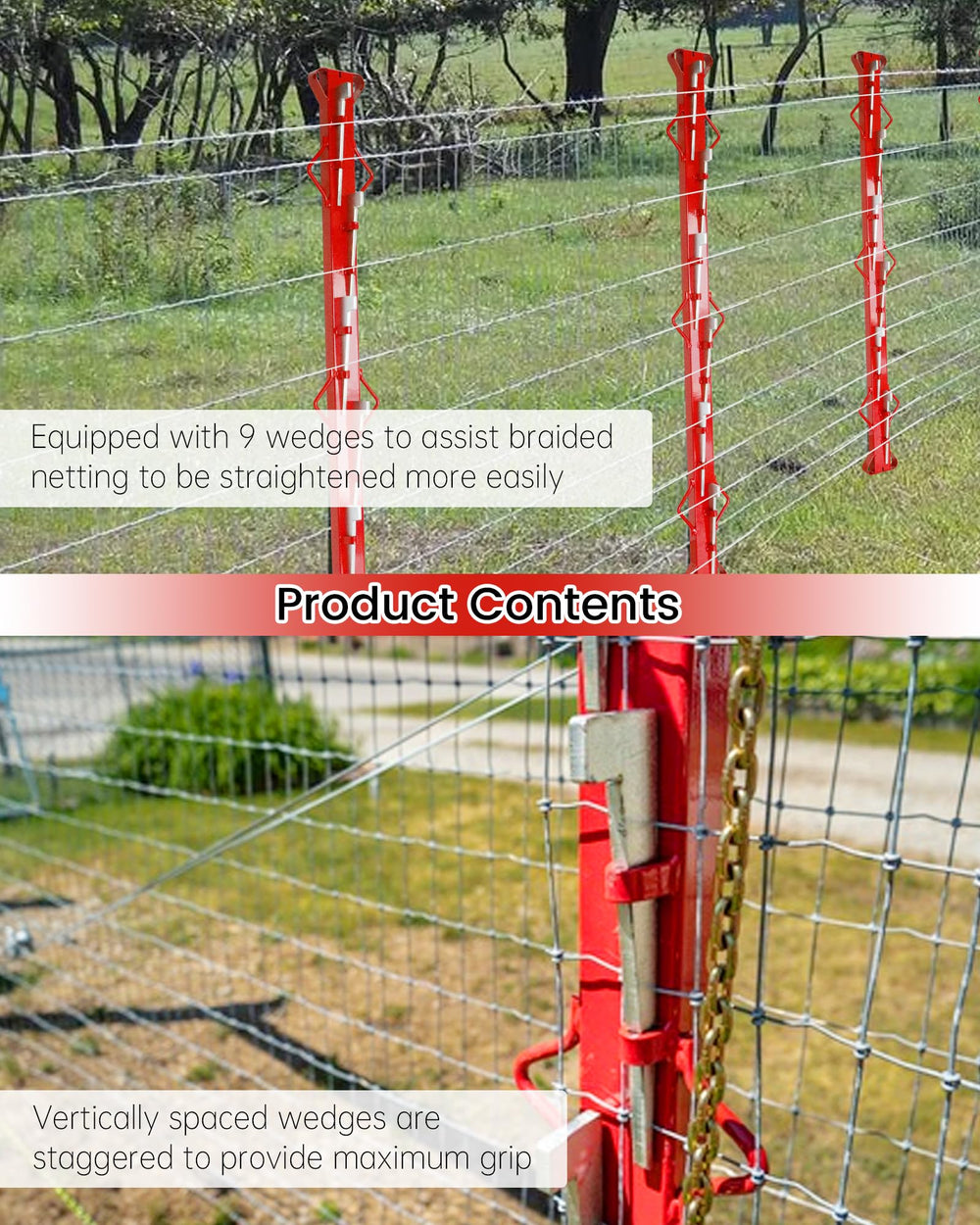 Krysolad stretcher bar in use tensioning woven field fence for neater, tighter lines