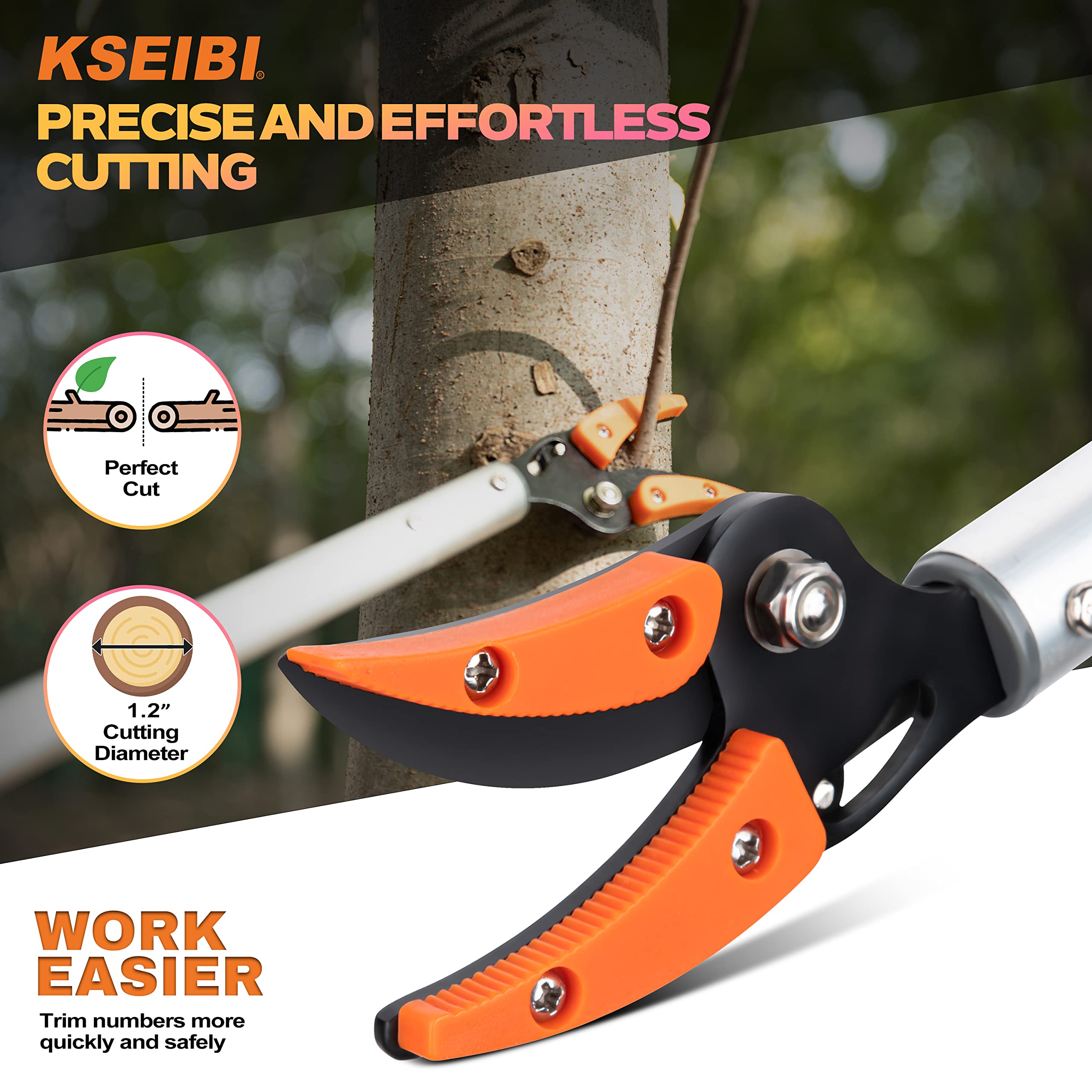 KSEIBI pruner shown with measuring tape illustrating the 3.5 ft (1.0 m) reach