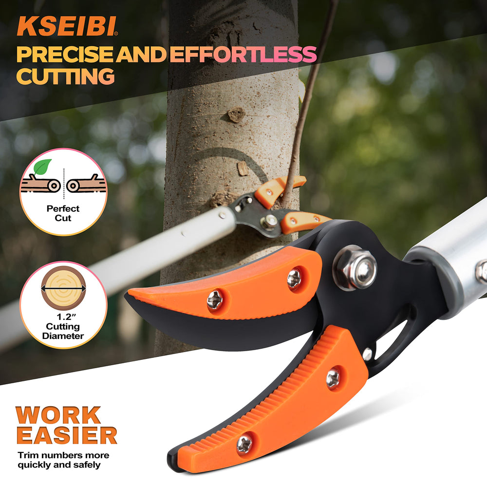 KSEIBI pruner shown with measuring tape illustrating the 3.5 ft (1.0 m) reach