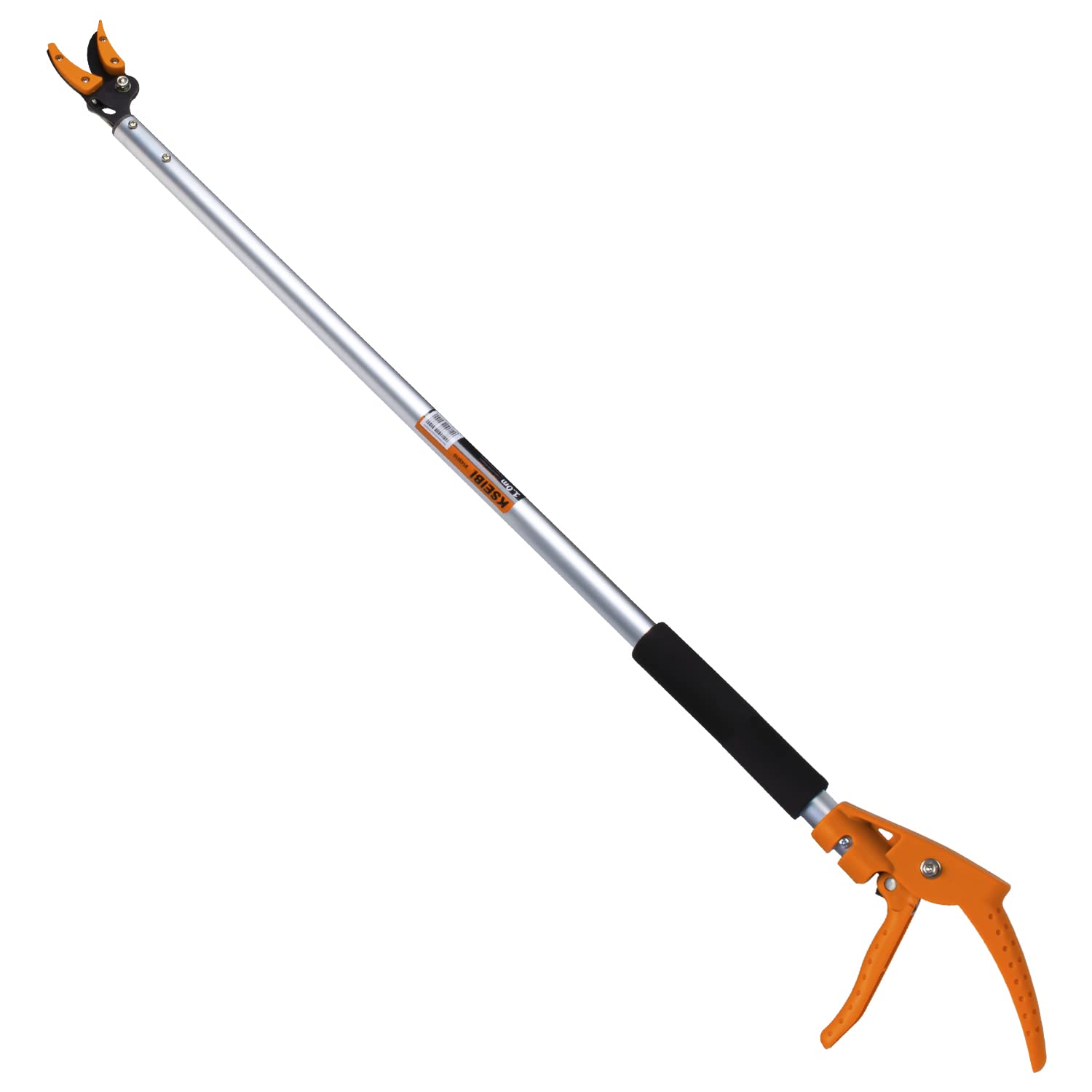 KSEIBI long reach pruner front view showing compact head and balanced pole for safer pruning