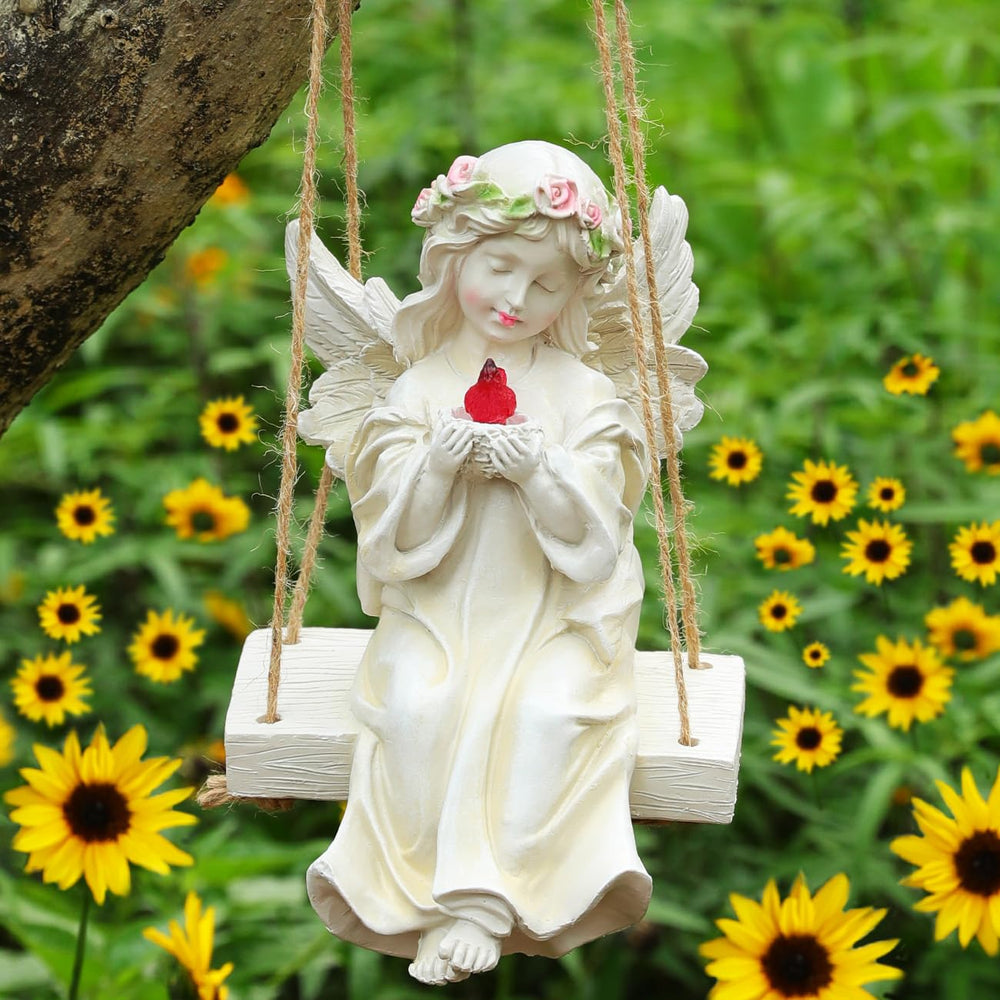 Kssiaz angel sculpture front view showing warm light and decorative swing benefit