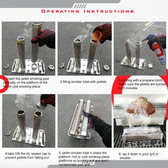 KU-koruo tube placed horizontally inside a gas grill producing controlled smoke
