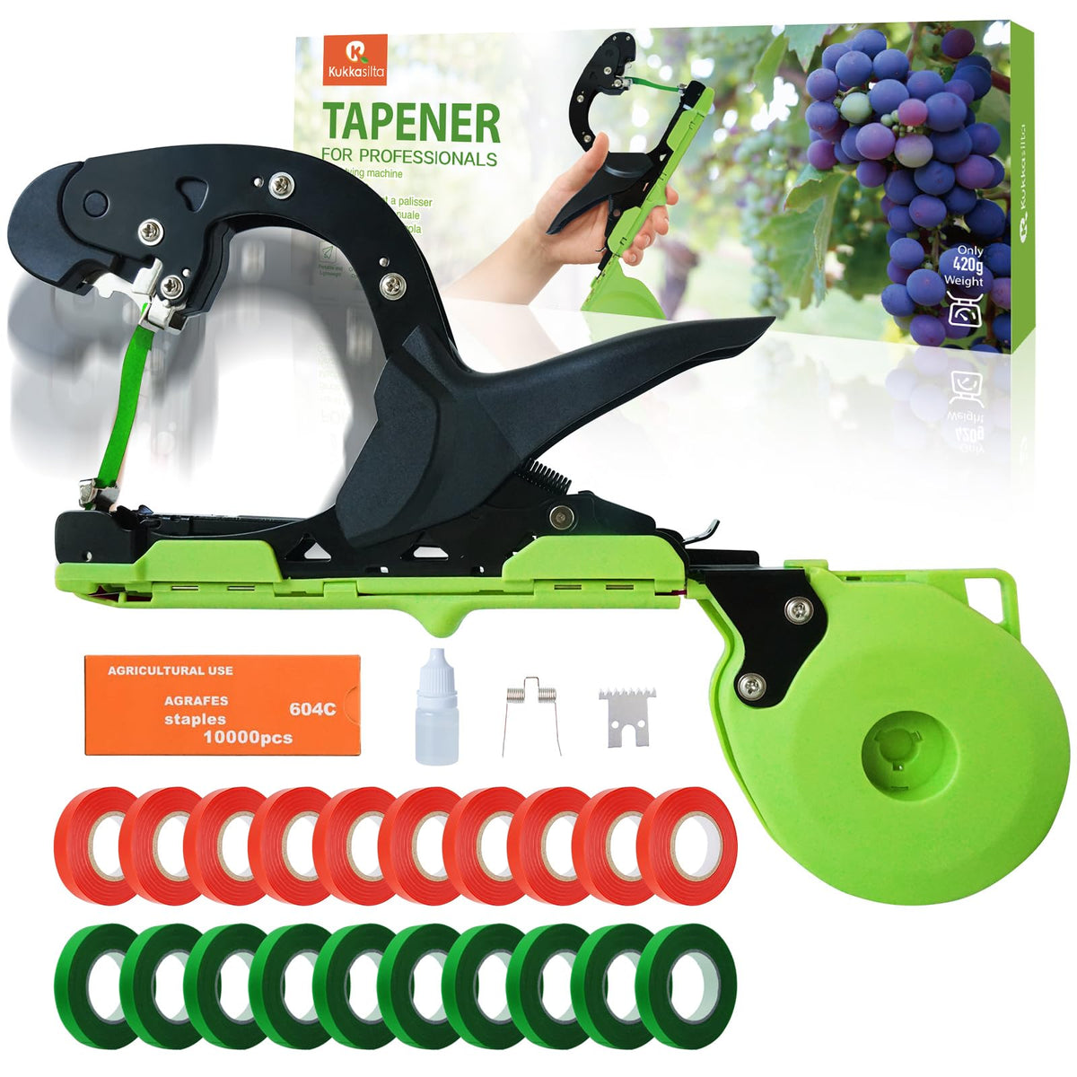 Kukkasilta tapener gun front view showing ergonomic handle and green body benefit: comfortable use