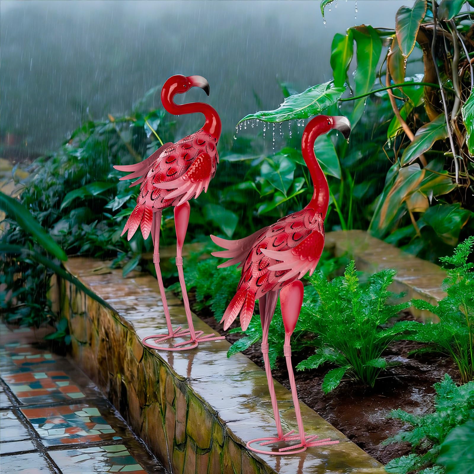 Kukooka flamingos in garden setting adding color and focal interest to lawn