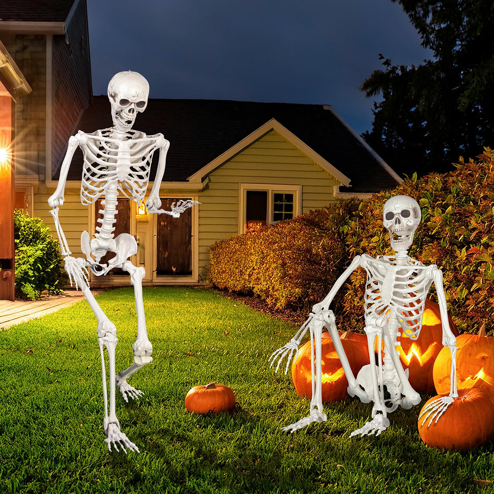 Kukooka skeleton in yard grave scene enhancing outdoor Halloween atmosphere