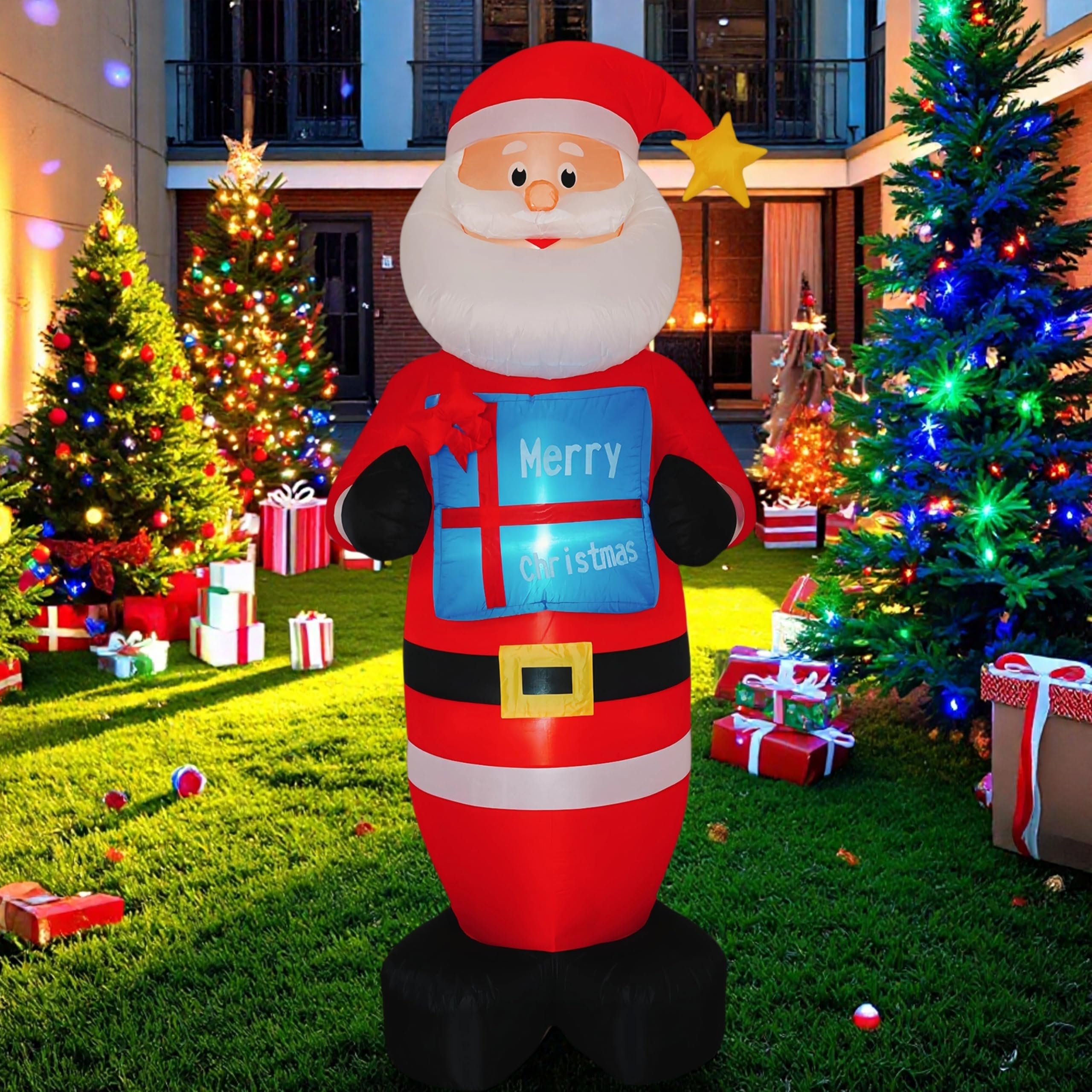 Kurala inflatable Santa front view shows bright gift box and festive design, boosts curb appeal