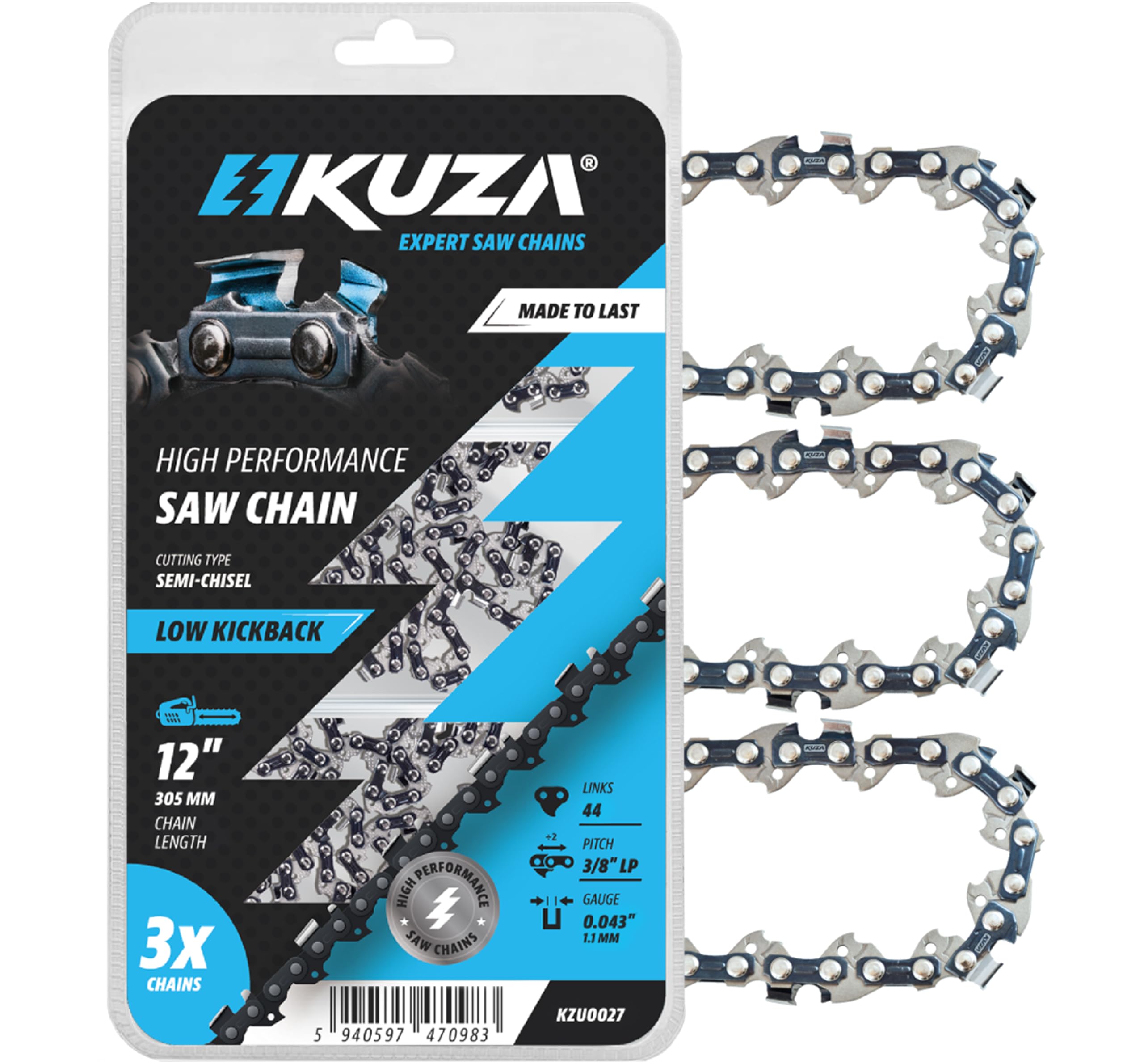 KUZA chain front packaging showing three replacement chains and compatibility list for convenience