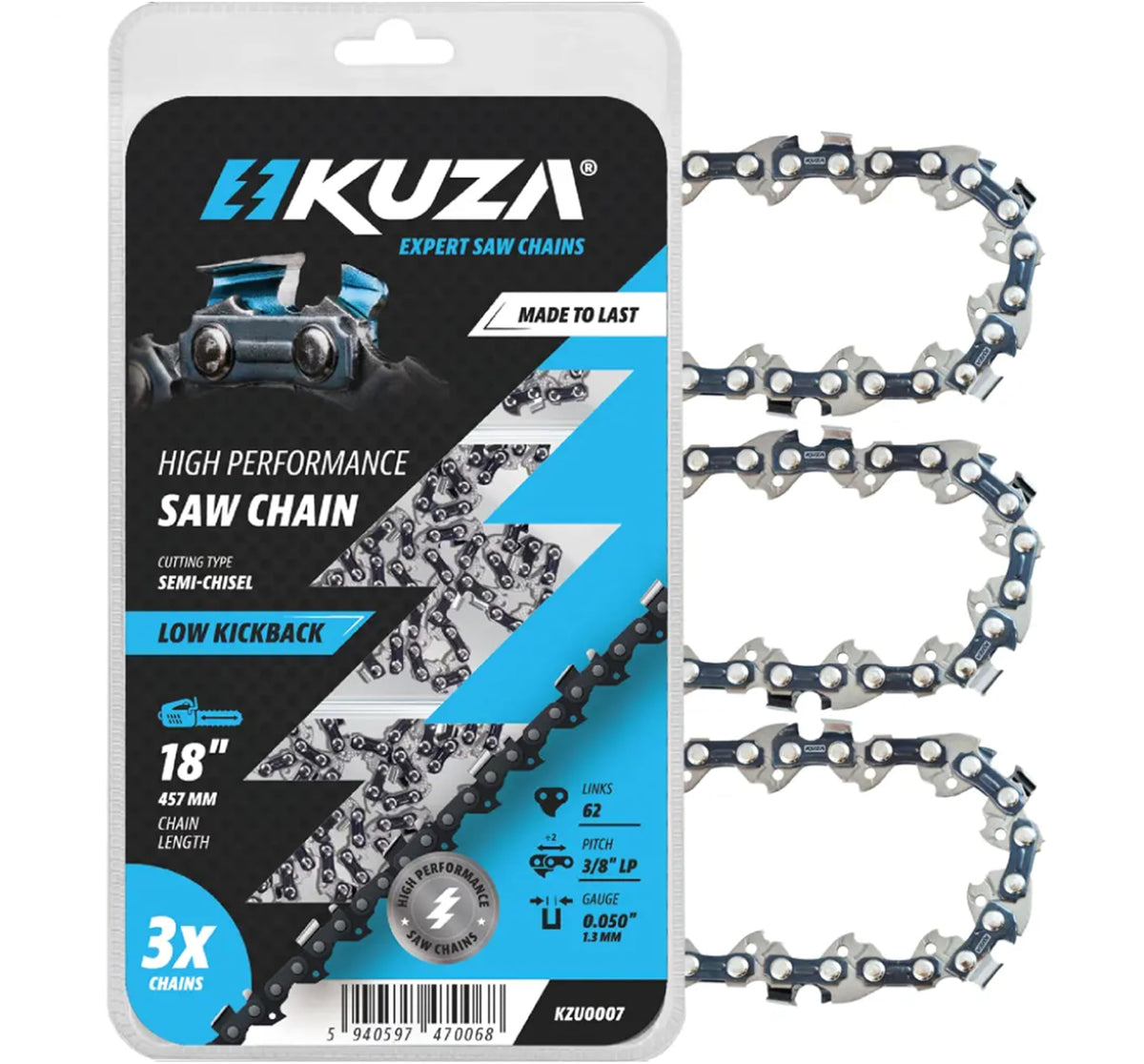 KUZA front packaging showing three 18-inch replacement chains and fit details