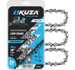 KUZA front packaging showing three 18-inch replacement chains and fit details