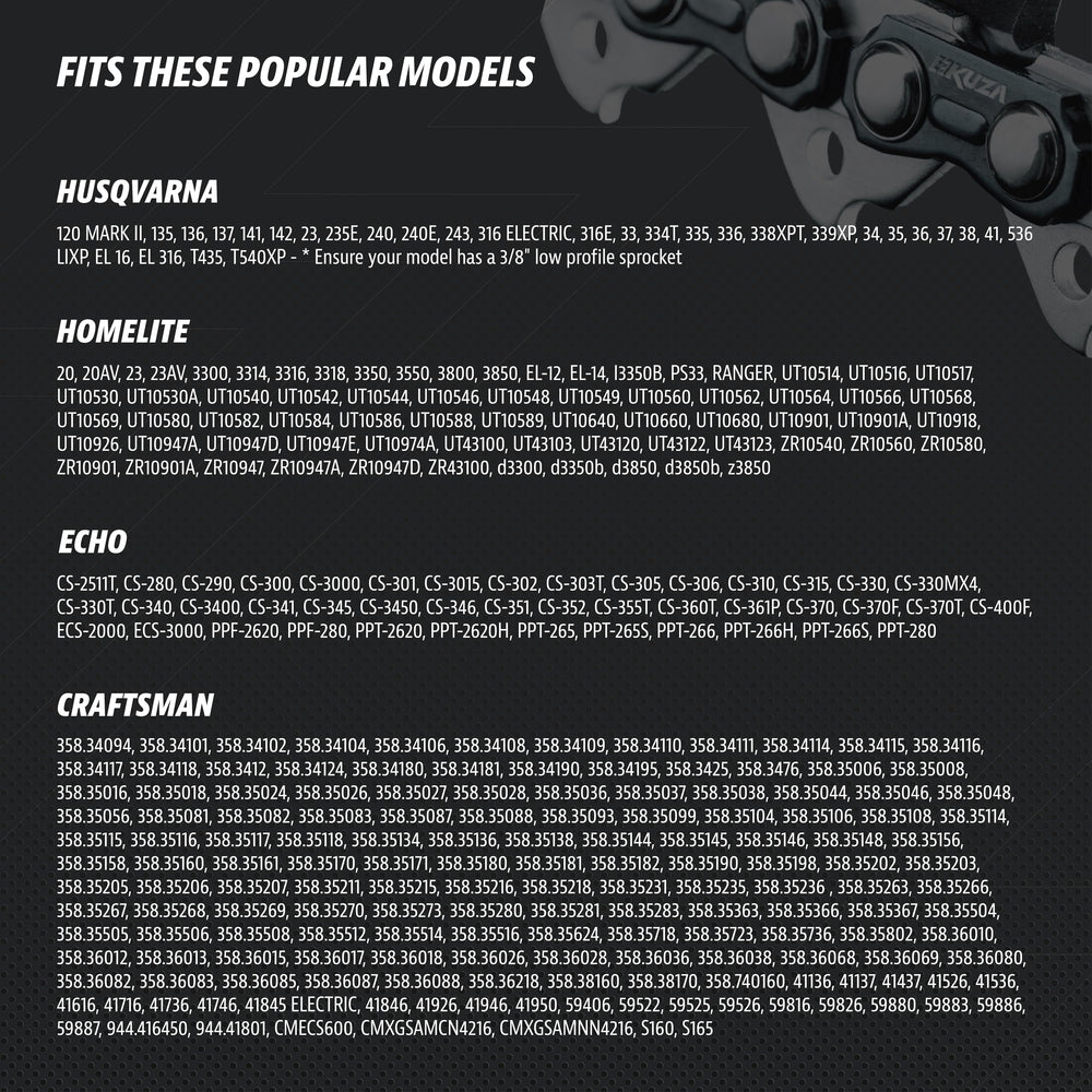 KUZA three-chain pack laid flat to show quantity and ready spares for fewer interruptions