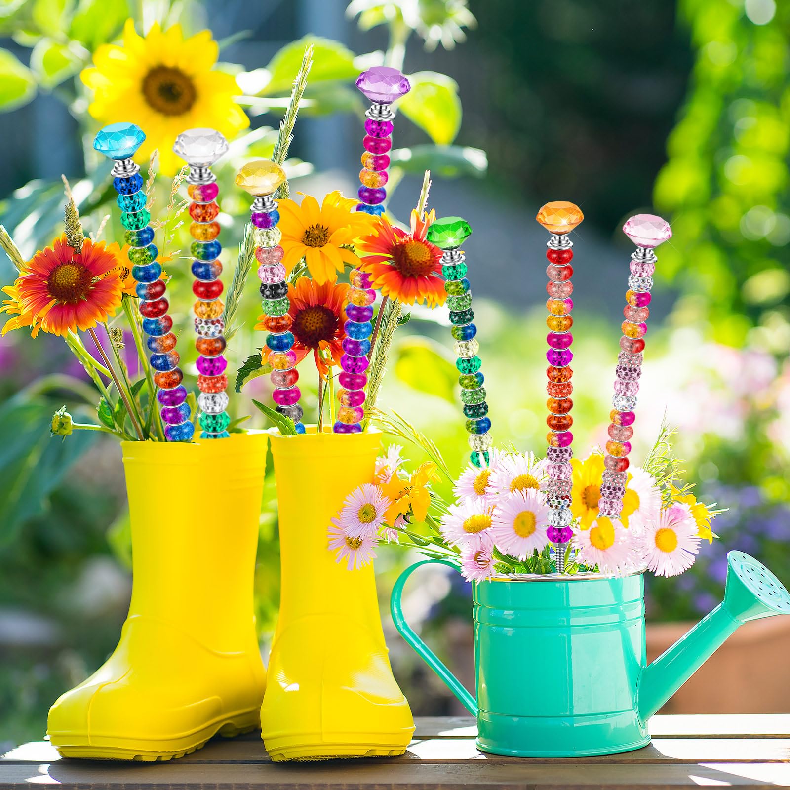 KVCSYAW beaded garden stakes placed in a potted plant demonstrating decorative sparkle and outdoor use