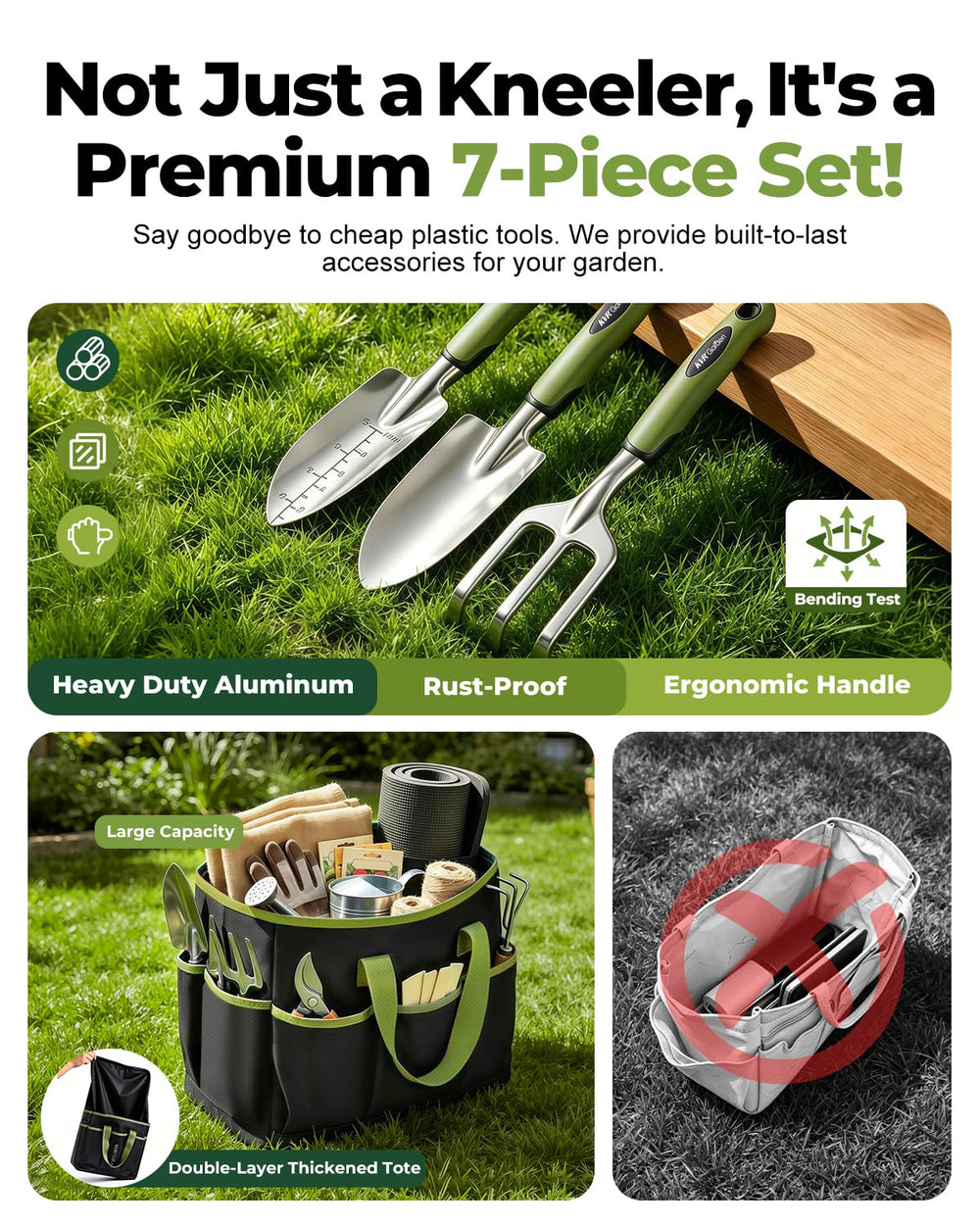 KVR aluminum tools arranged to display rust-resistant trowel transplanter and cultivator durability