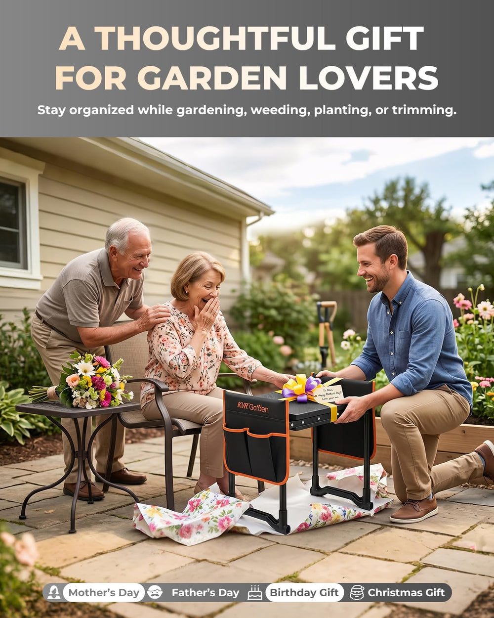 KVR lifestyle scene of gardener using bench for comfortable gardening