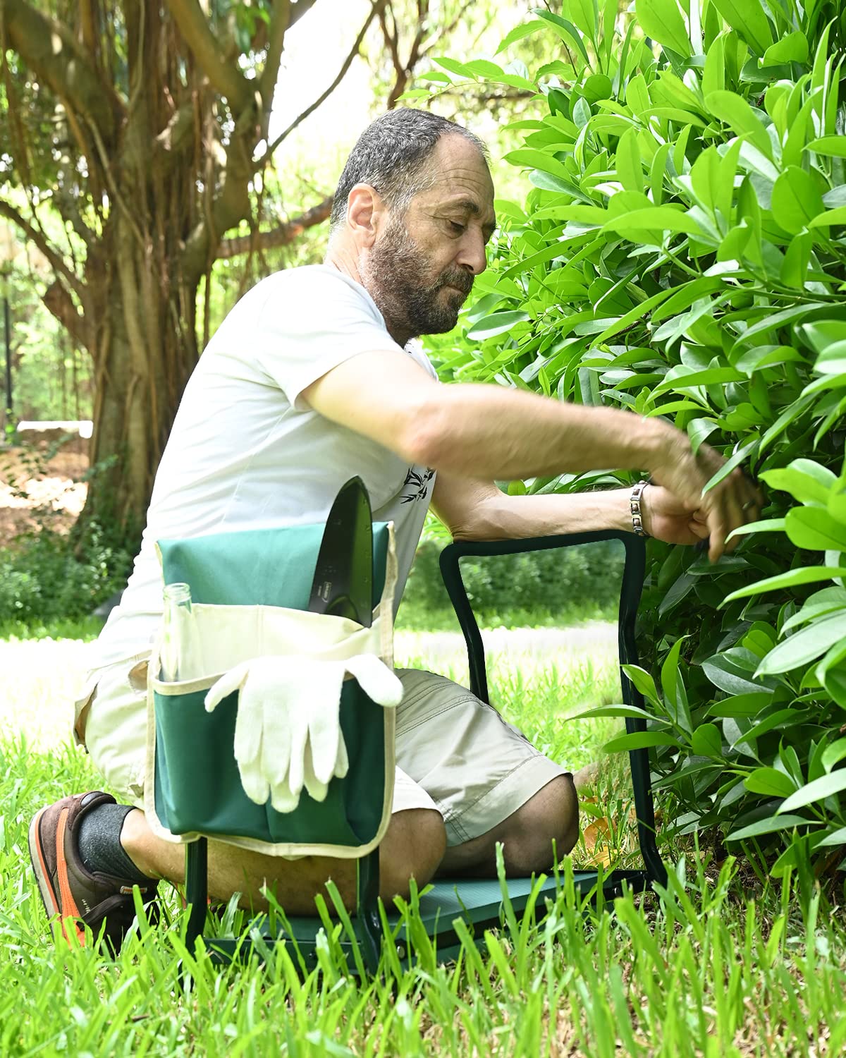 KVR used as a seat while gardening demonstrating reduced knee strain