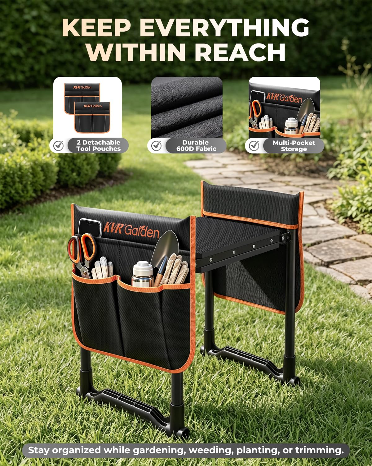 KVR tool pouches attached showing organized storage for garden tools