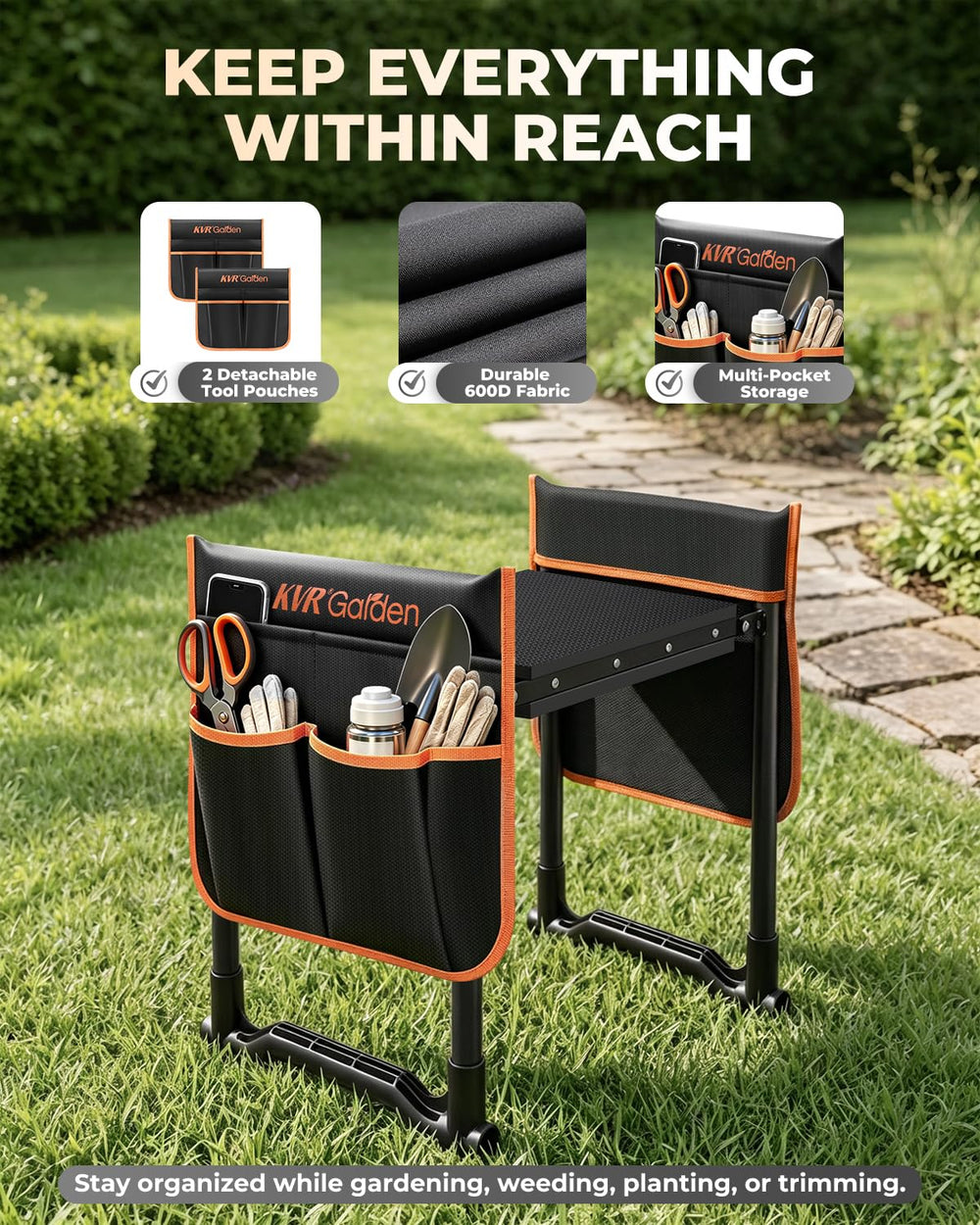 KVR tool pouches attached showing organized storage for garden tools