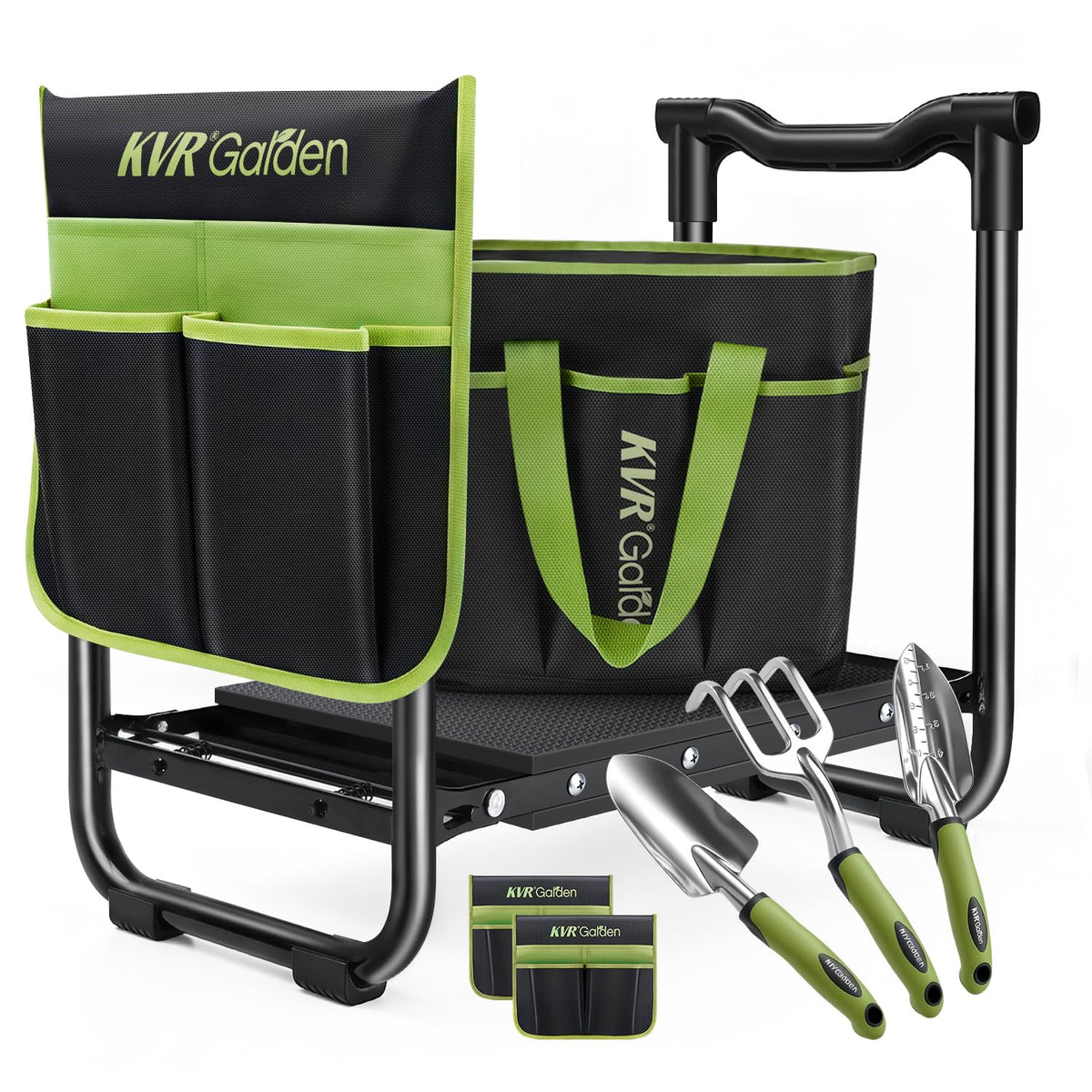 KVR garden stool front view showing foldable bench and green finish for comfortable gardening
