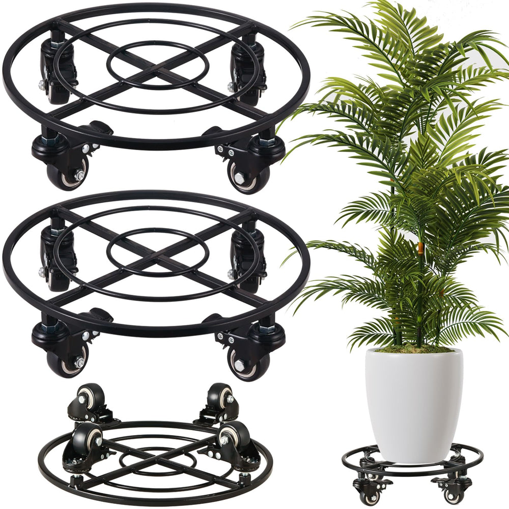 KvyusFlourish front view of metal plant caddy showing durable frame and wheels for easy moving