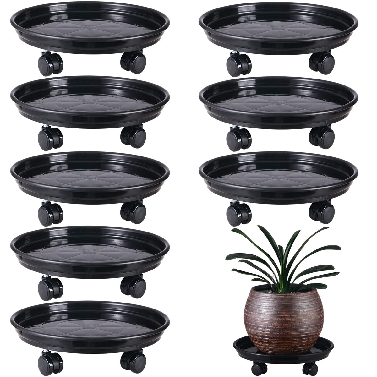 KvyusFlourish front view of pack of eight plant caddies showing size and design for easy moving