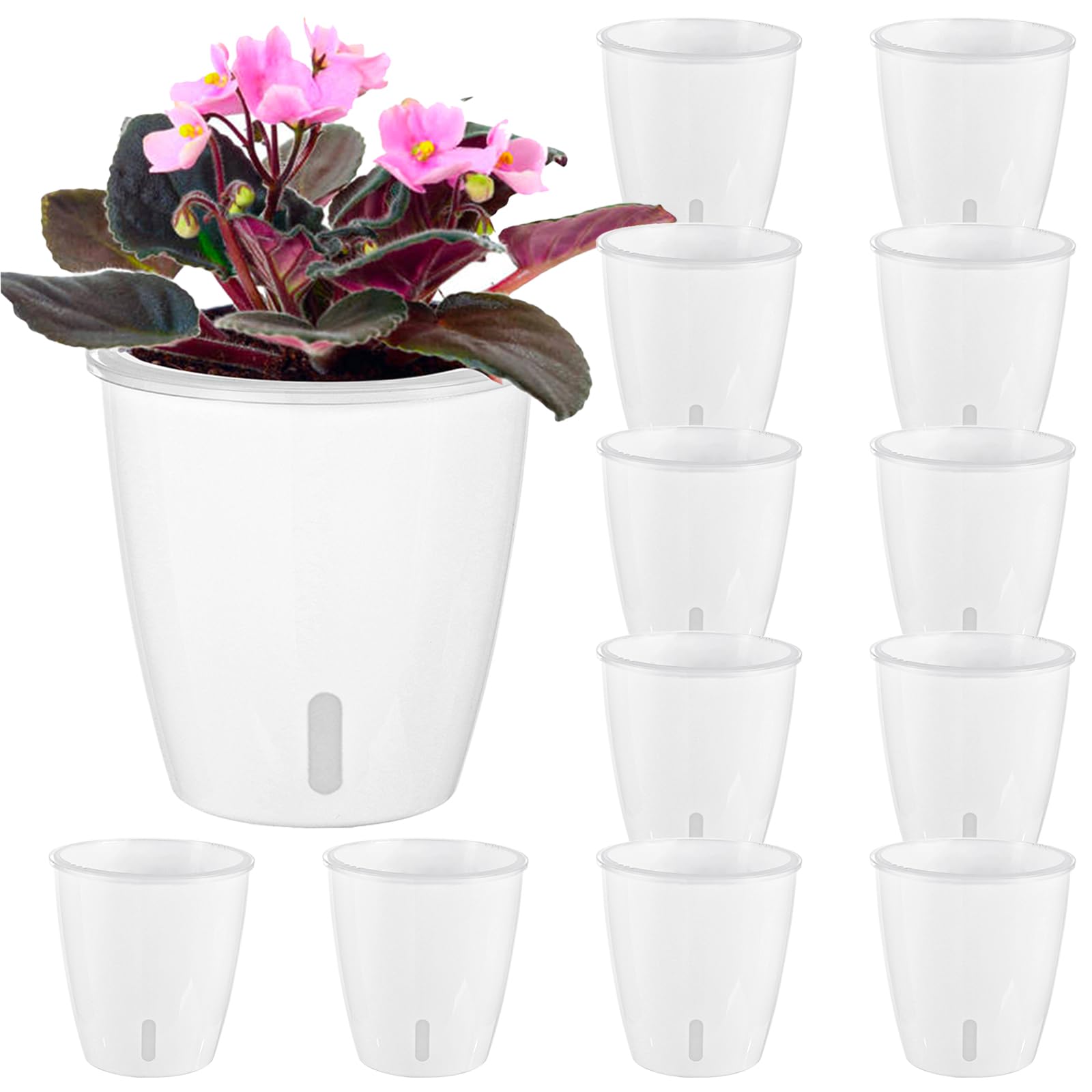 KvyusFlourish front view showing compact white self-watering pot benefits moisture control