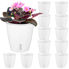 KvyusFlourish front view showing compact white self-watering pot benefits moisture control