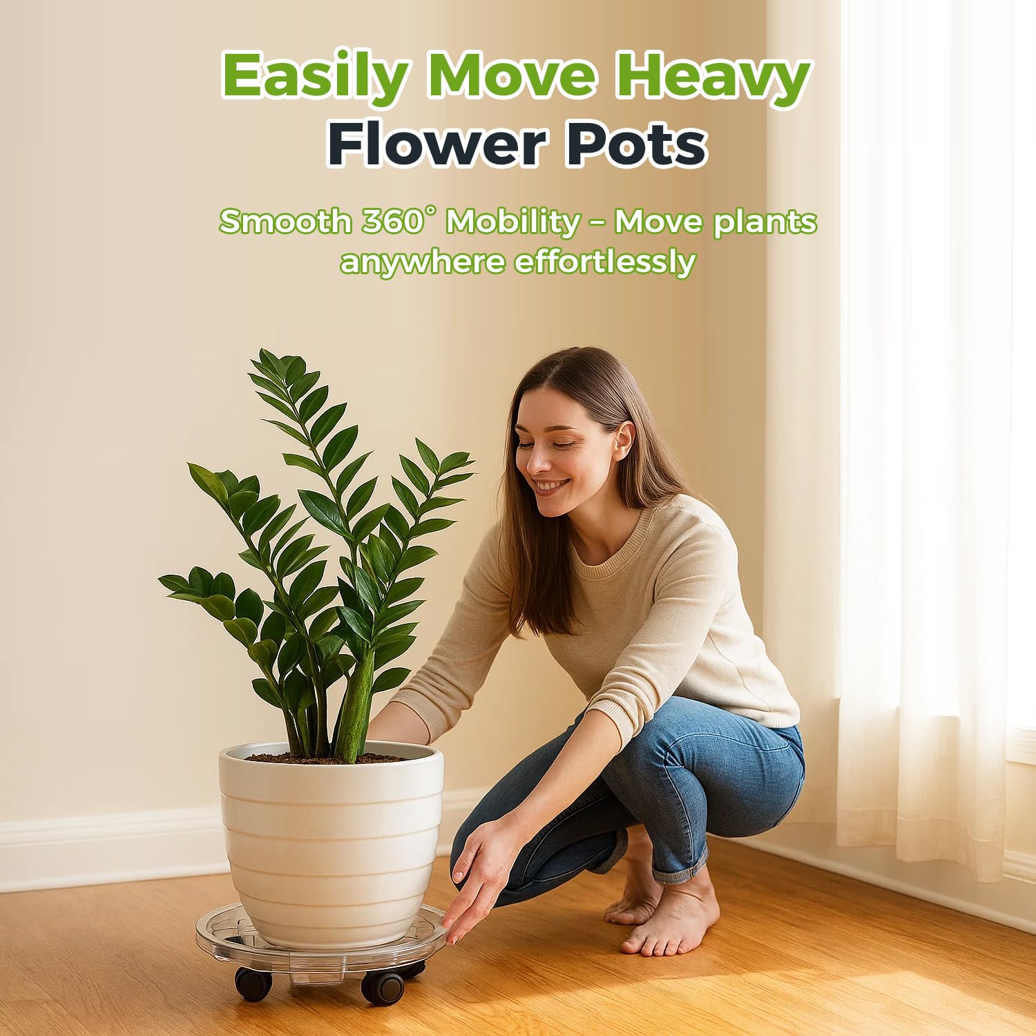 kvyusflourish pot-on-caddy size comparison showing fit for large planters and versatility