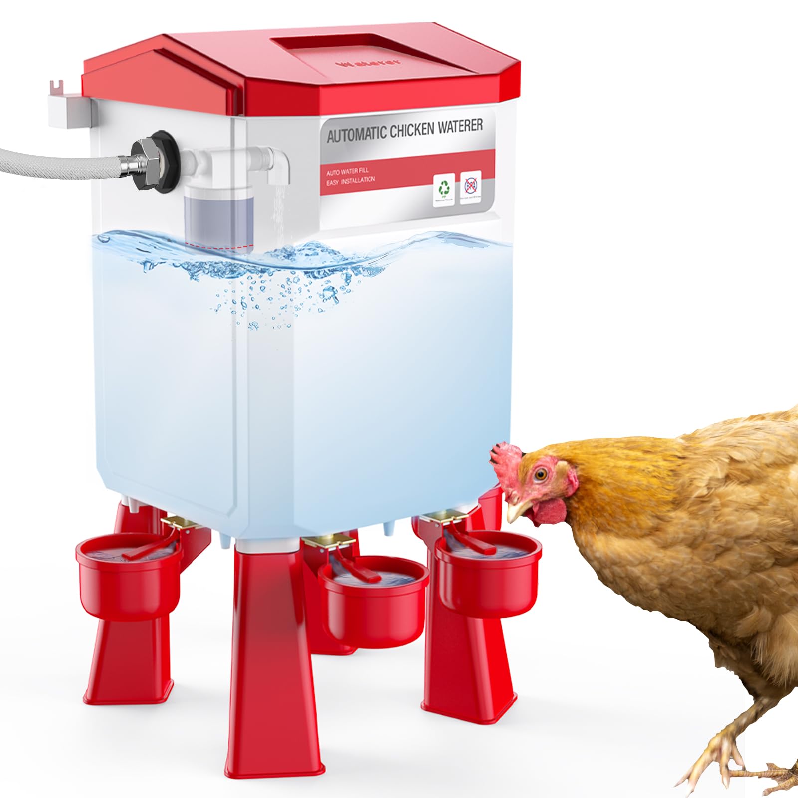 Kweetle front view showing red 2-gallon waterer and benefits of steady supply