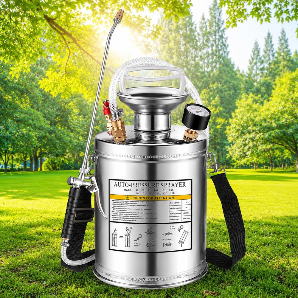 Kweetle front view of stainless sprayer showing durable build and portability