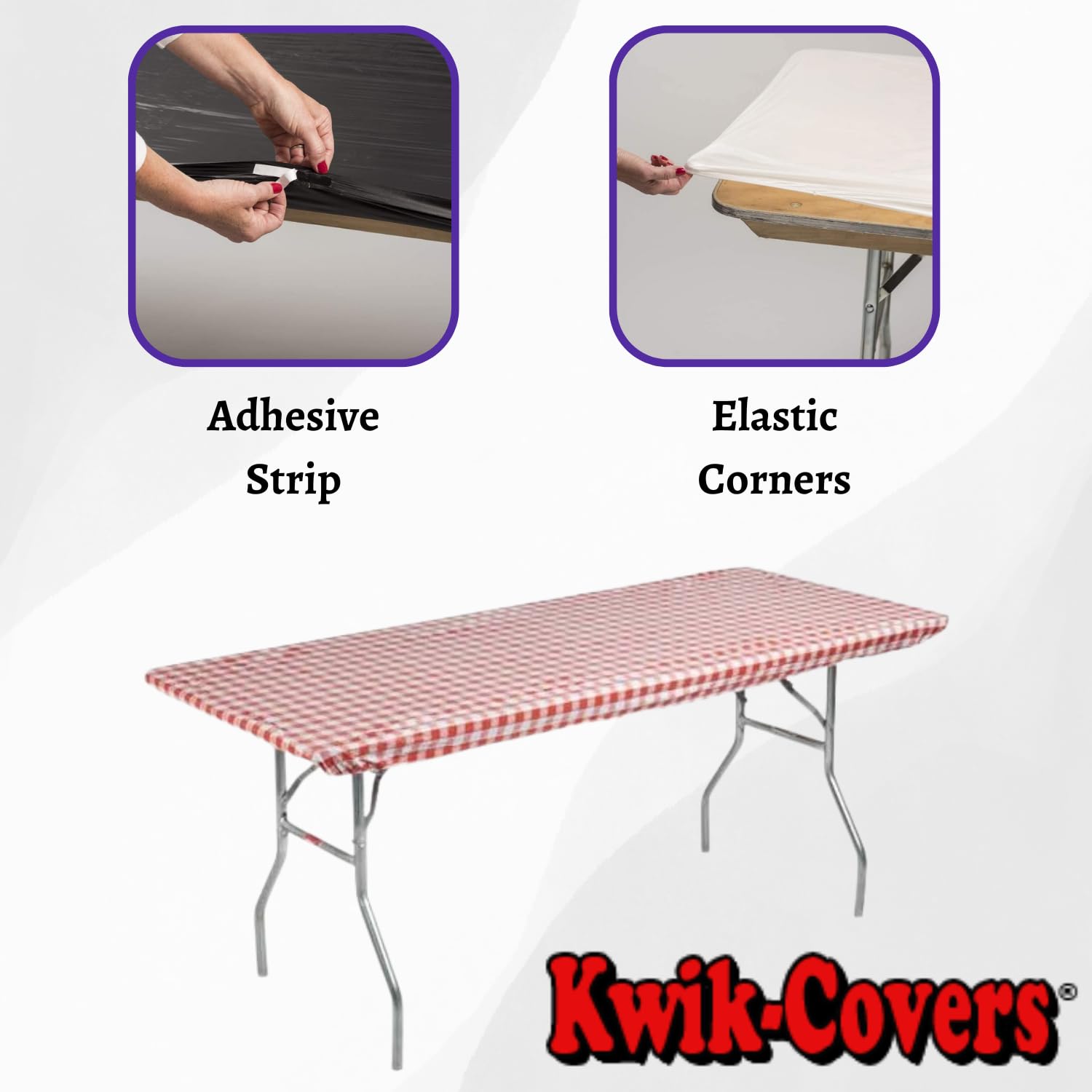 Kwik-Covers adhesive strip detail showing 4-inch tape for added grip