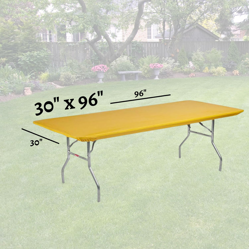Kwik-Covers on a full outdoor table in use, brand keeps covers secure outdoors