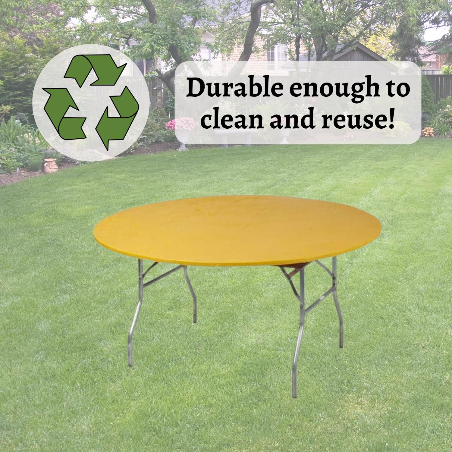 Kwik-Covers gold on outdoor party table illustrating wind resistance