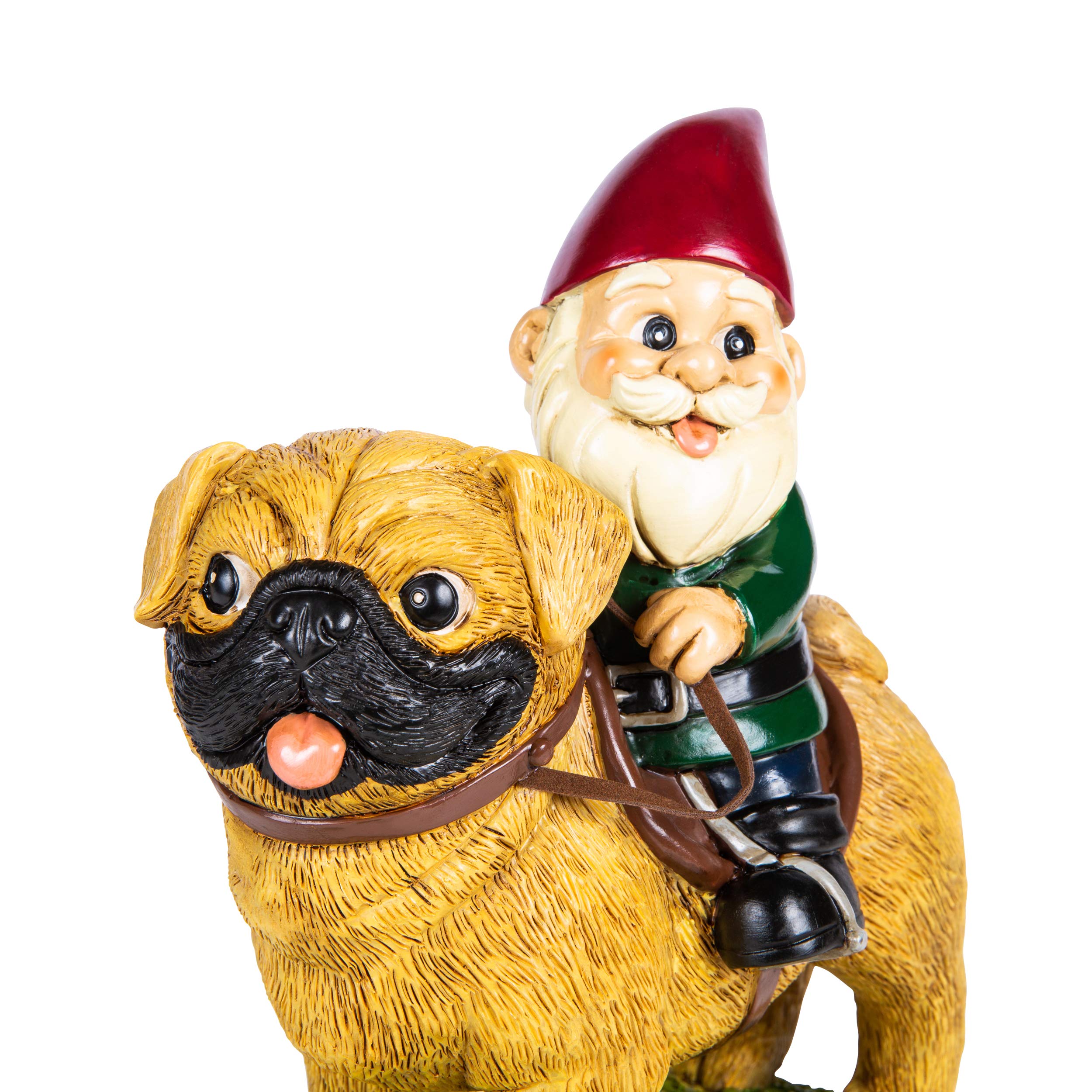 Kwirkworks pug gnome front view in garden showing cheerful look and durable finish